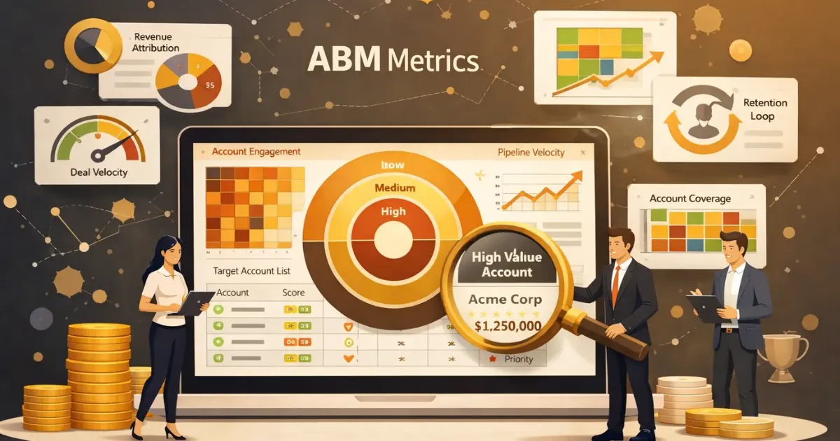 Account-based marketing metrics with target engagement dashboard, pipeline charts, and scoring indicators