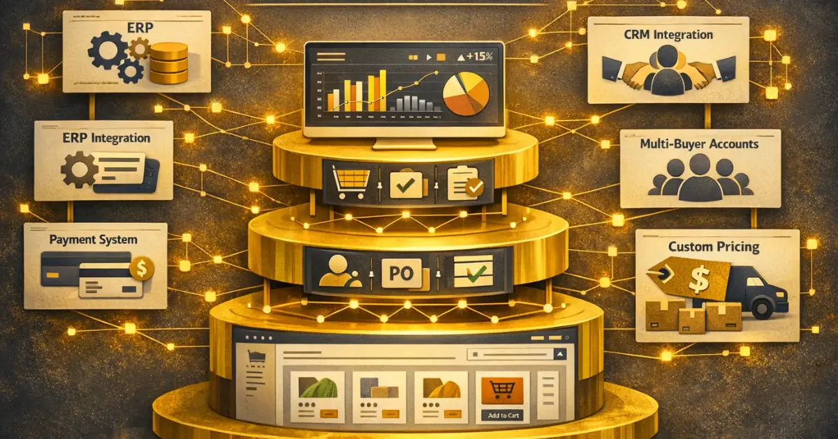 B2B ecommerce platform stack with storefront, order management, and analytics layers connected