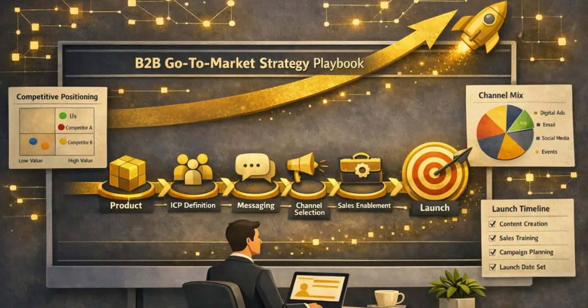 B2B go-to-market strategy roadmap with milestone stages from ICP to launch and growth arrow