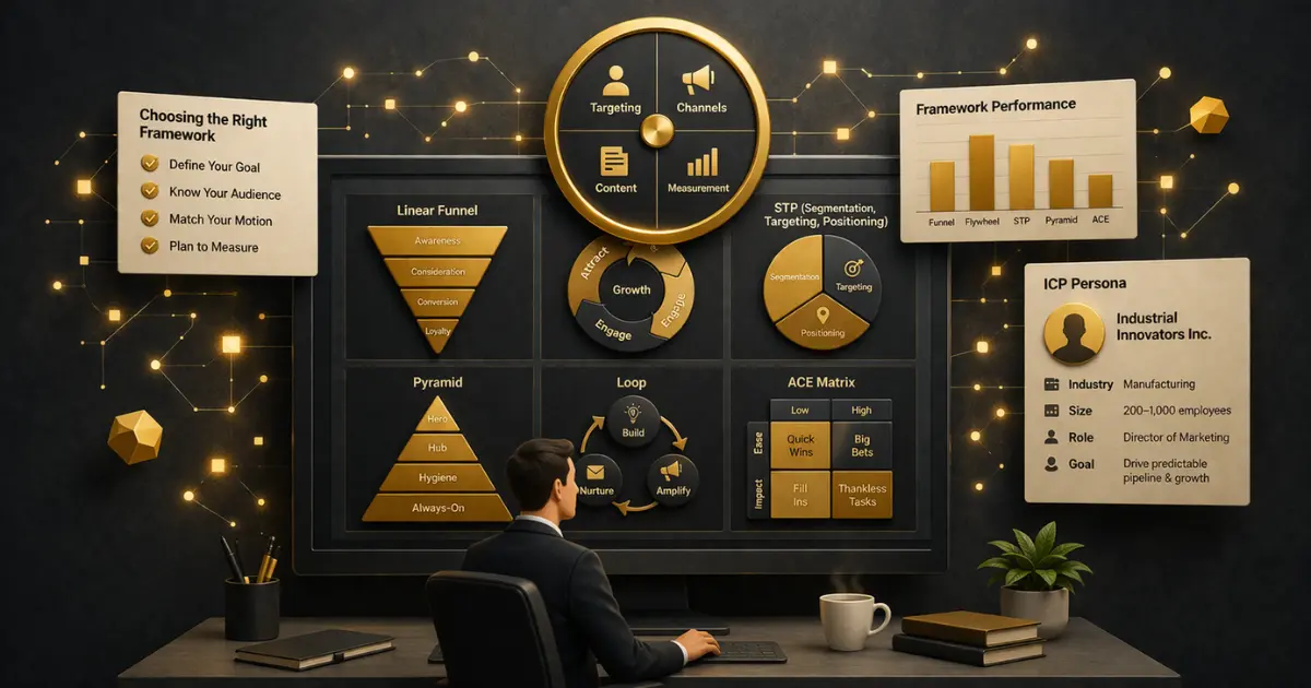 B2B marketing campaign dashboard with floating email, social, and ABM channel icons