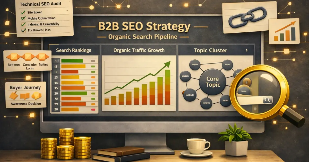 B2B SEO strategy workspace with search rankings, topic clusters, and organic traffic dashboard