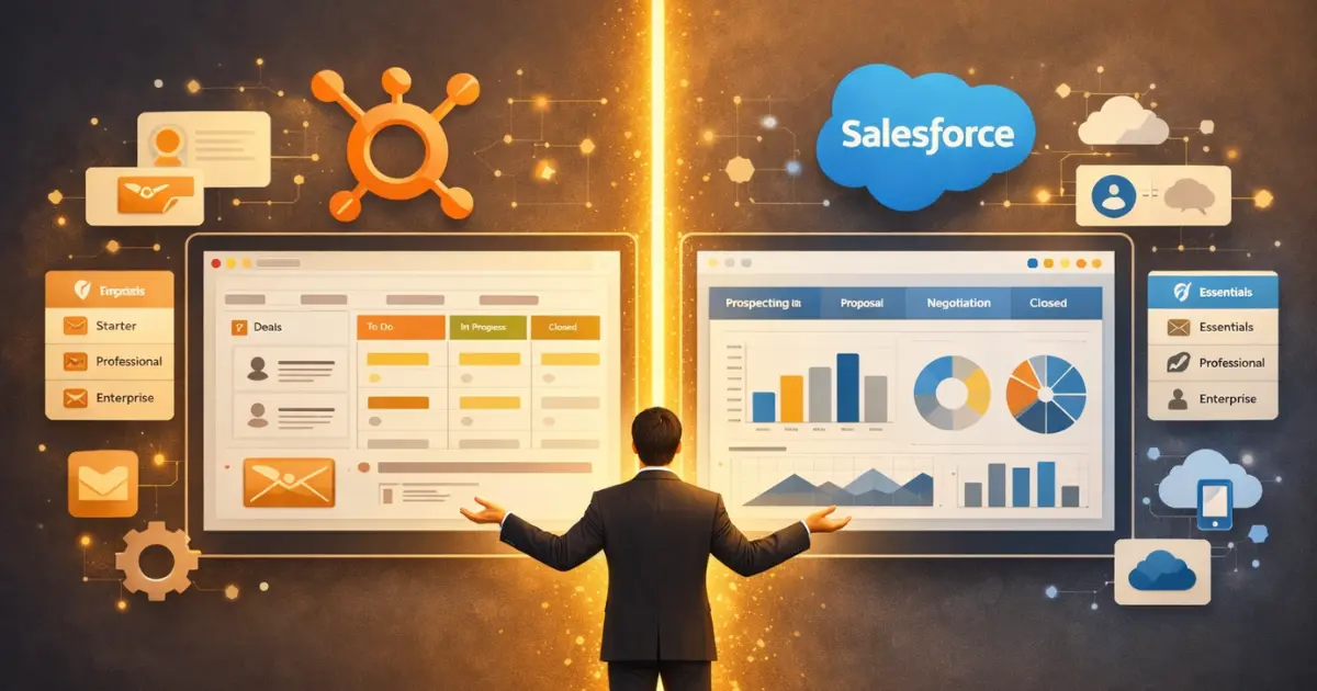 HubSpot vs Salesforce comparison with split CRM dashboards and official brand logos