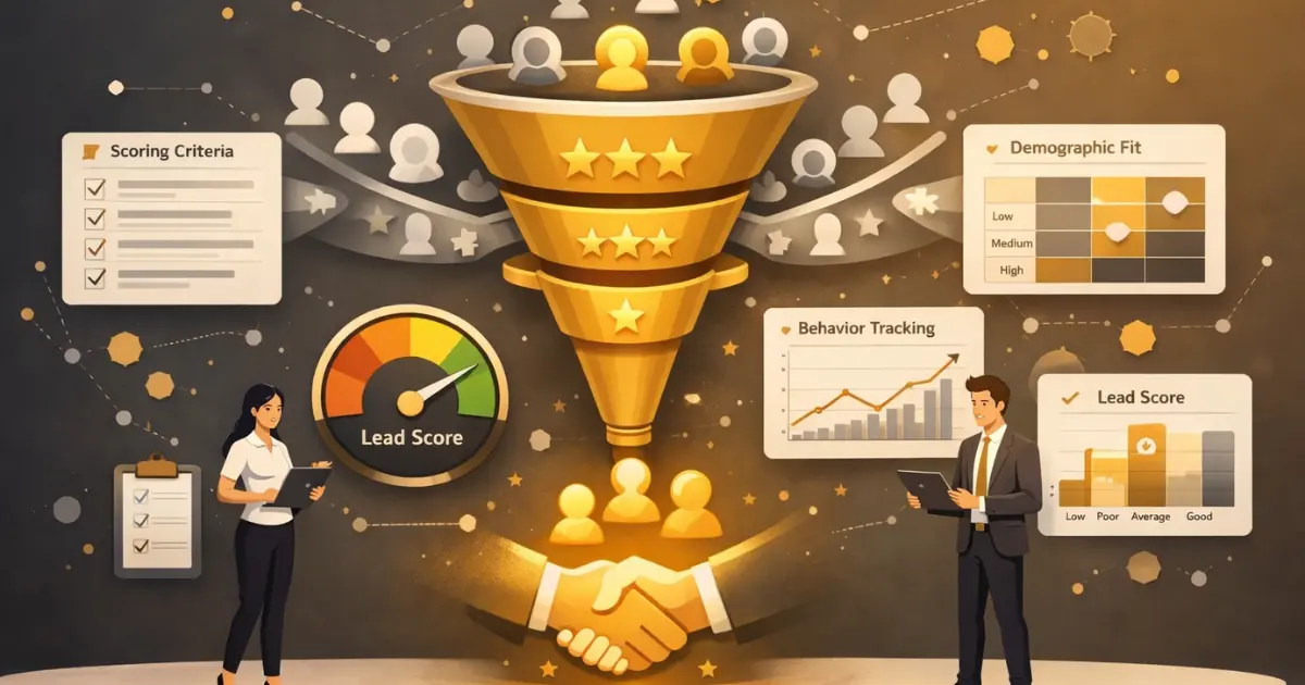 Lead scoring funnel with scoring rings filtering leads from grey to gold with criteria cards