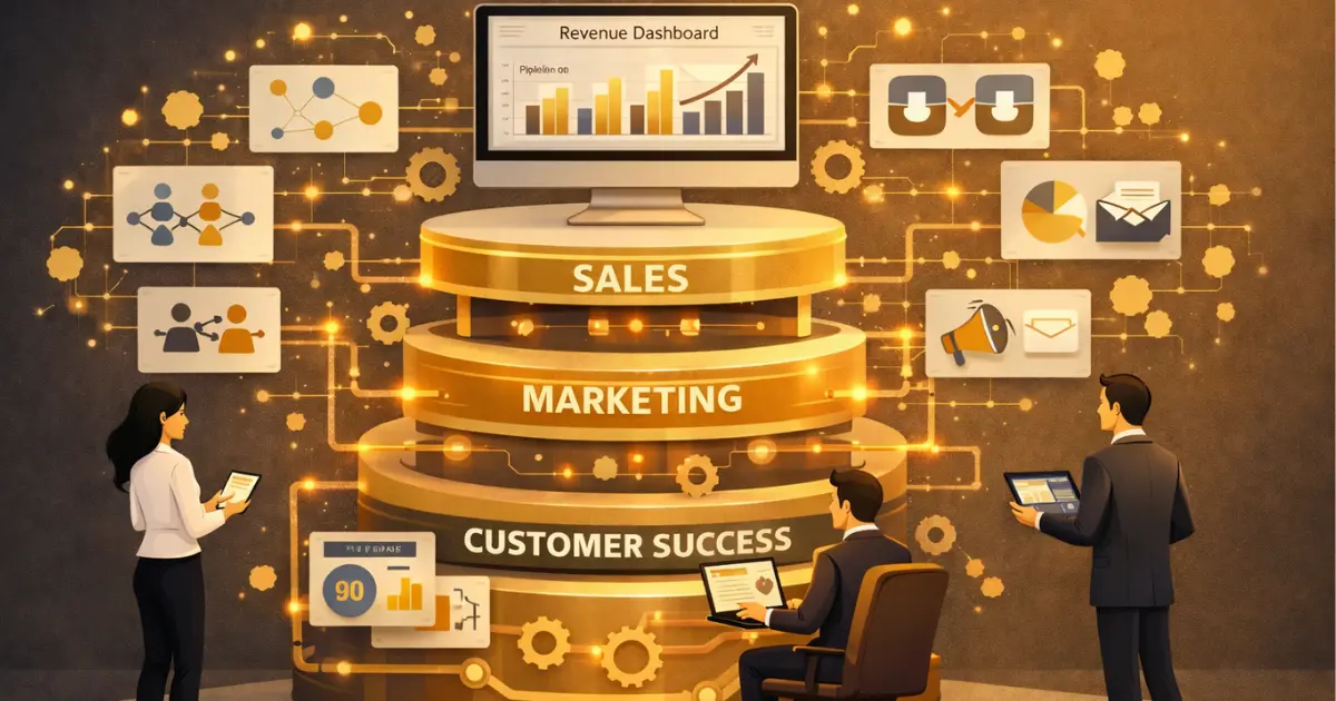 RevOps best practices with unified sales, marketing, and CS layers connected by golden data flows