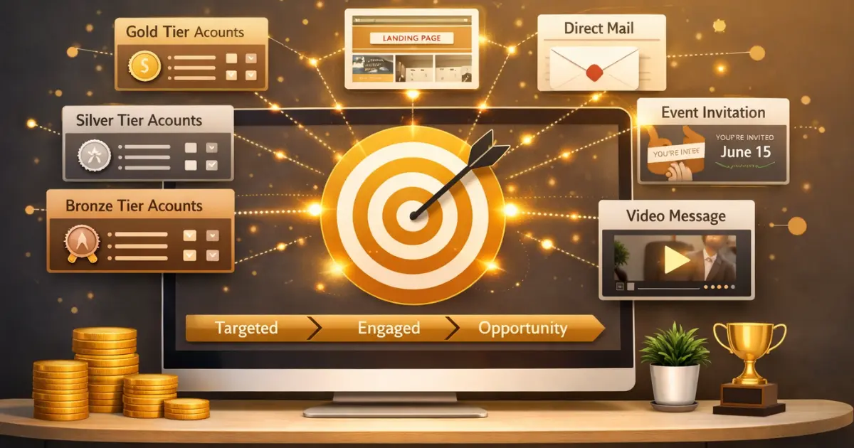 ABM strategy dashboard showing tiered account targeting with personalized campaign assets and pipeline progression