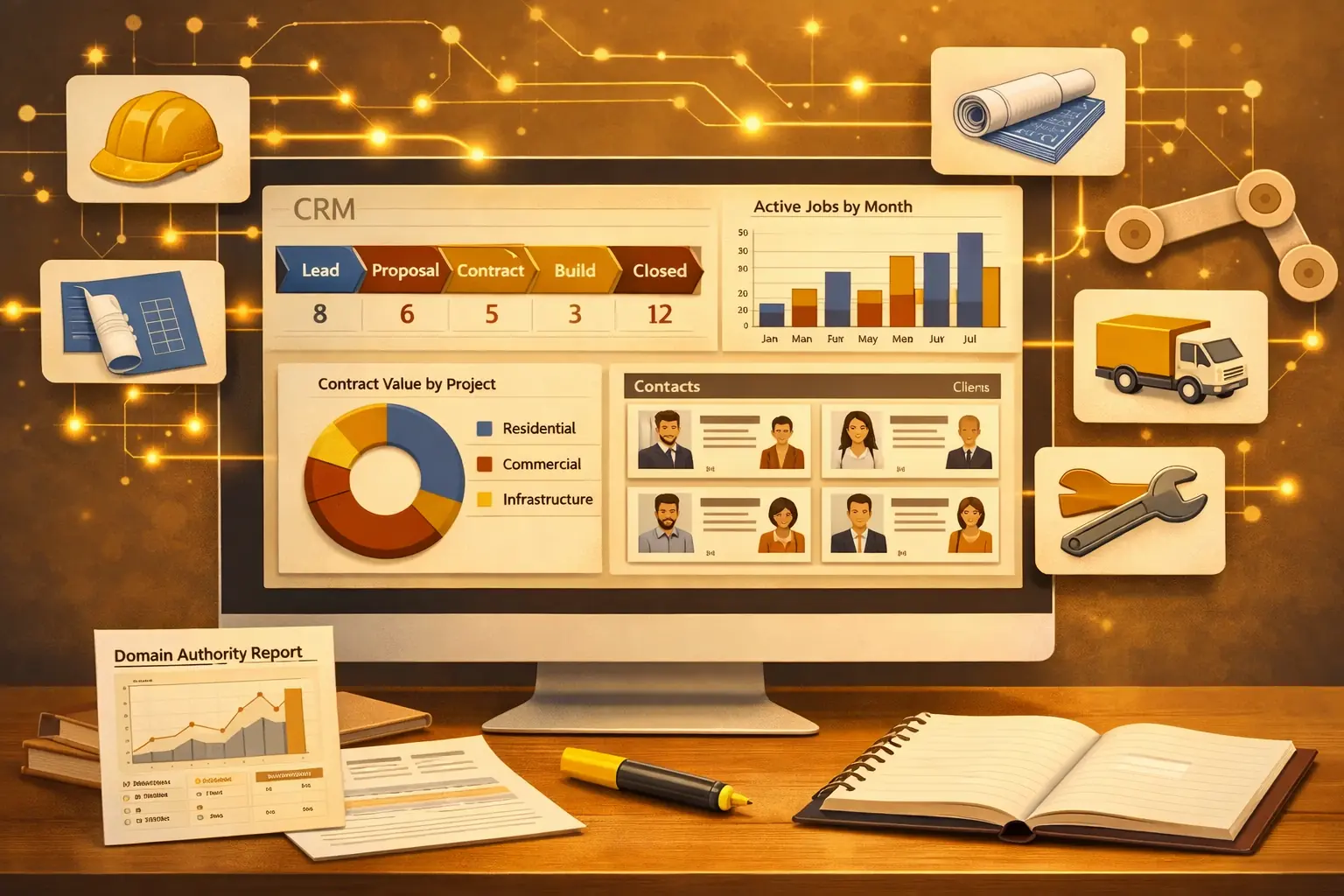 Construction CRM dashboard with project pipeline stages and floating hard hat blueprint and contractor contact cards