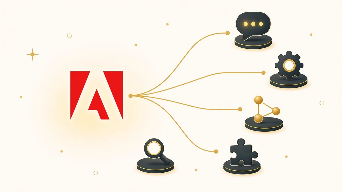 Adobe logo connecting outward via gold integration lines to speech bubble, gear, network nodes, and puzzle piece icons representing MCP and agent tools