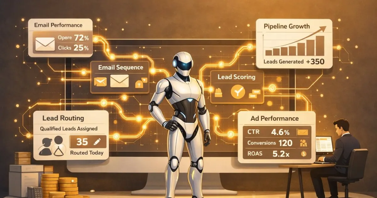 Agentic AI robot autonomously managing email sequences, lead scoring, and ad performance while a professional reviews results