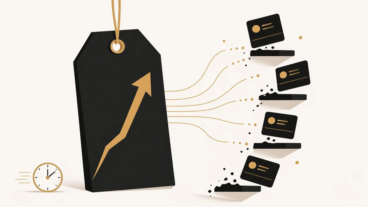 A dark price tag with a rising gold arrow while subscription cards tumble from their platforms representing the AI pricing reset