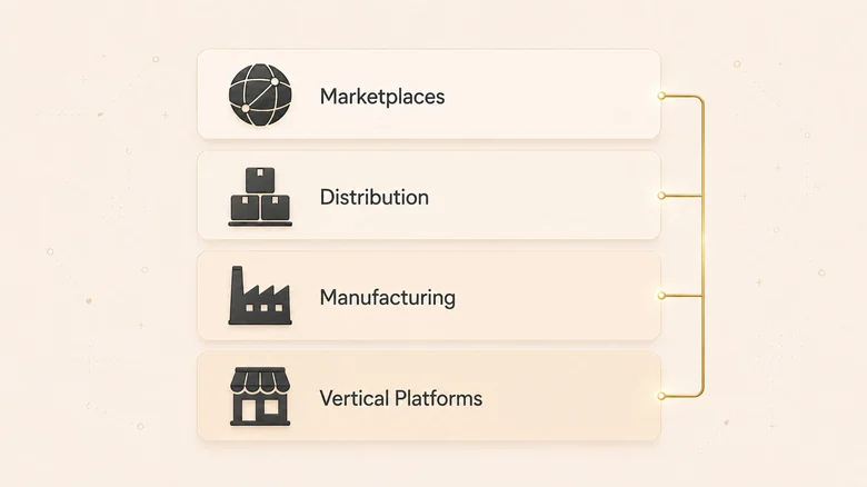 The 4 categories of B2B ecommerce: large-scale marketplaces, industrial distribution, manufacturing direct, and specialized vertical platforms