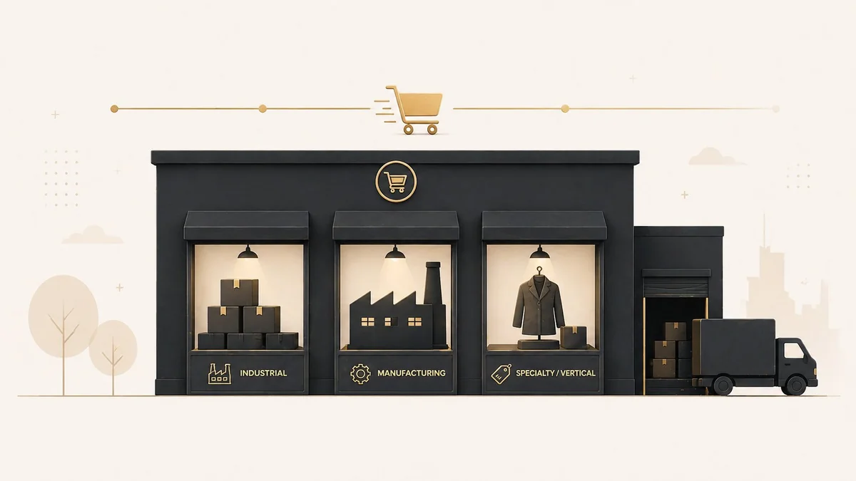 B2B ecommerce examples guide showing 12 brands across marketplaces, industrial distribution, manufacturing, and specialized vertical platforms