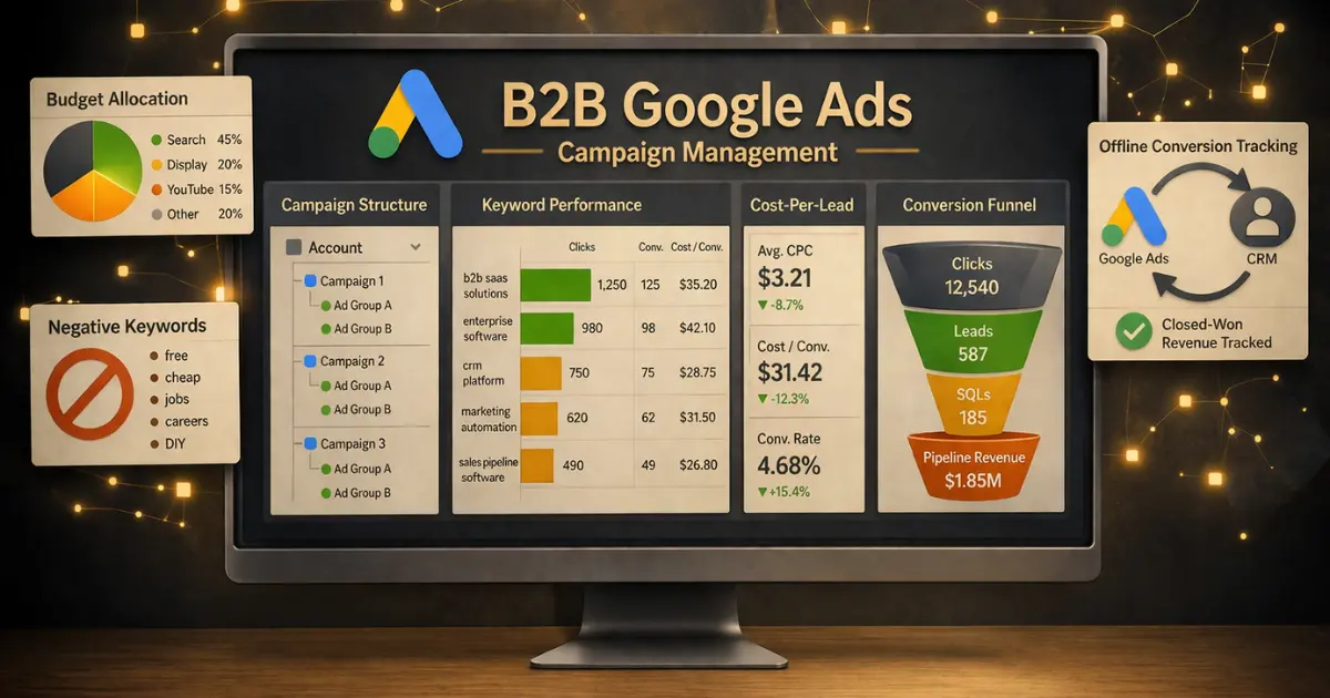B2B Google Ads campaign dashboard showing budget allocation keyword performance and pipeline metrics
