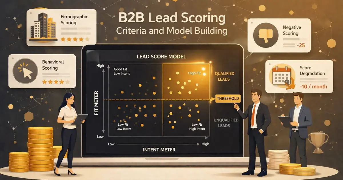 B2B lead scoring criteria dashboard with fit and intent matrix showing firmographic and behavioral scoring signals