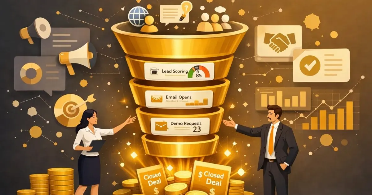 B2B sales funnel showing lead scoring, email engagement, and demo request stages flowing down to closed deals and revenue