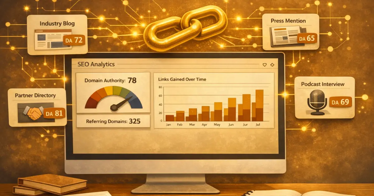 B2B link building dashboard showing backlink profile with authority scores and industry link source nodes