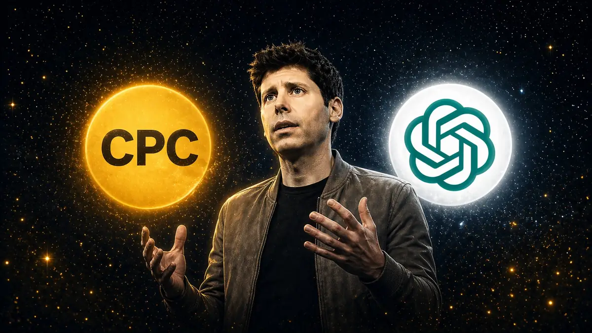 OpenAI CEO between a gold CPC badge and the ChatGPT logo marking the shift to cost-per-click advertising