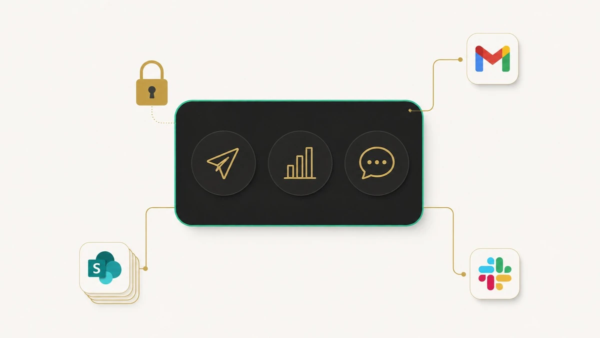Workspace tile linking three agent icons to Gmail, Slack, and SharePoint, with a small gold padlock indicating admin enablement.