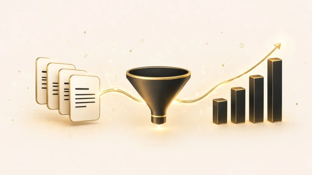 Content marketing lead generation system visualized as content flowing through conversion points into qualified pipeline
