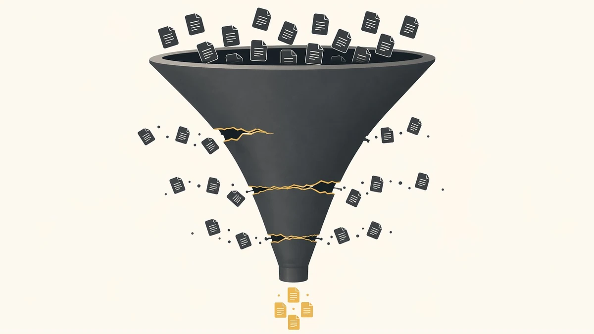 Leaky content funnel showing leads escaping at each stage where content fails to convert