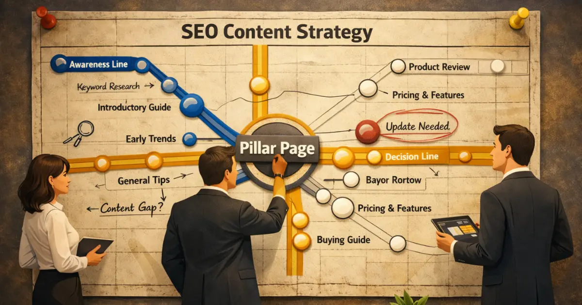 SEO content strategy pillar-cluster diagram with buyer intent labels and organic traffic growth chart
