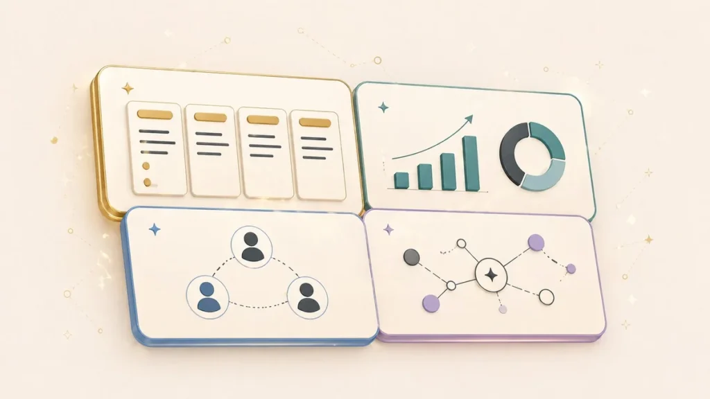 Four CRM software interface concepts representing operational, analytical, collaborative, and strategic CRM types
