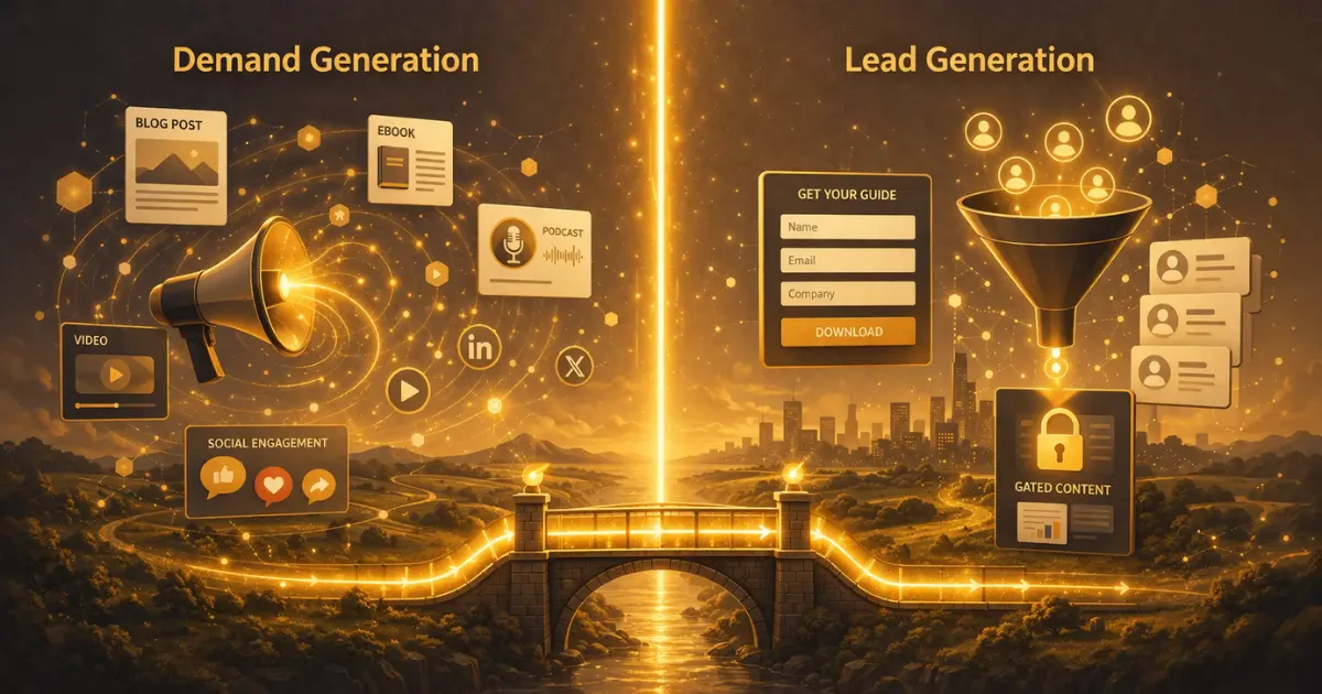 Demand generation vs lead generation comparison showing broad awareness tactics feeding into conversion pipeline