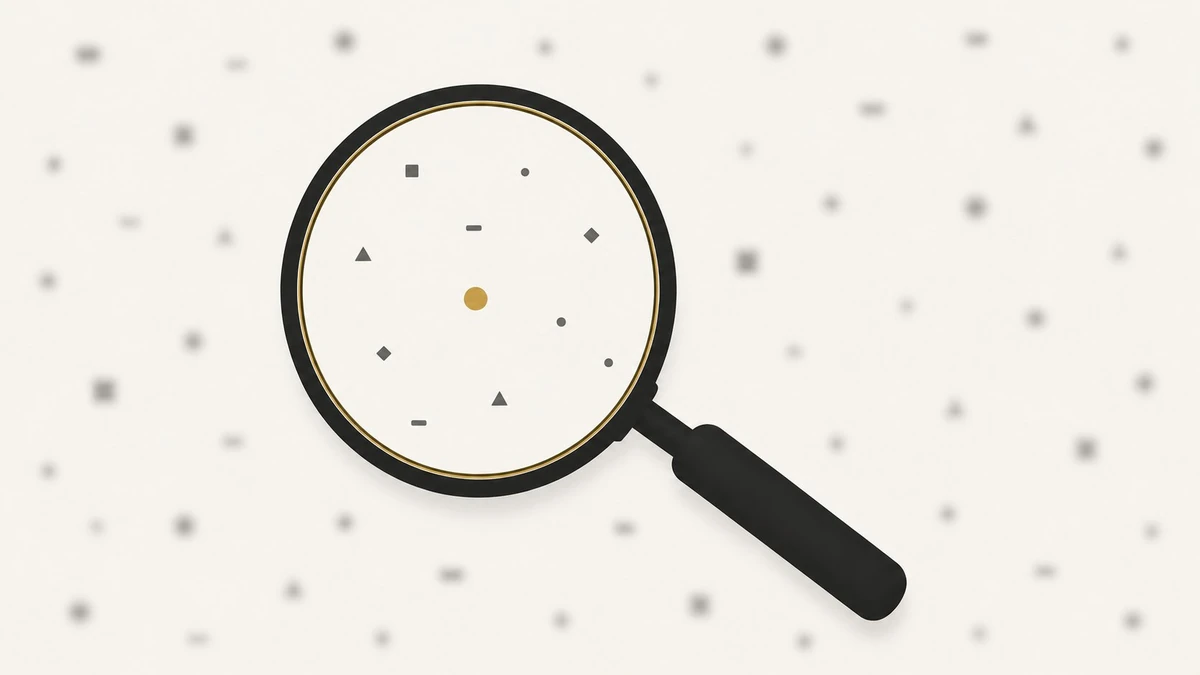 Magnifying glass over scattered charcoal marks reveals one gold dot inside the lens — the rare real signal among B2B intent-data noise.