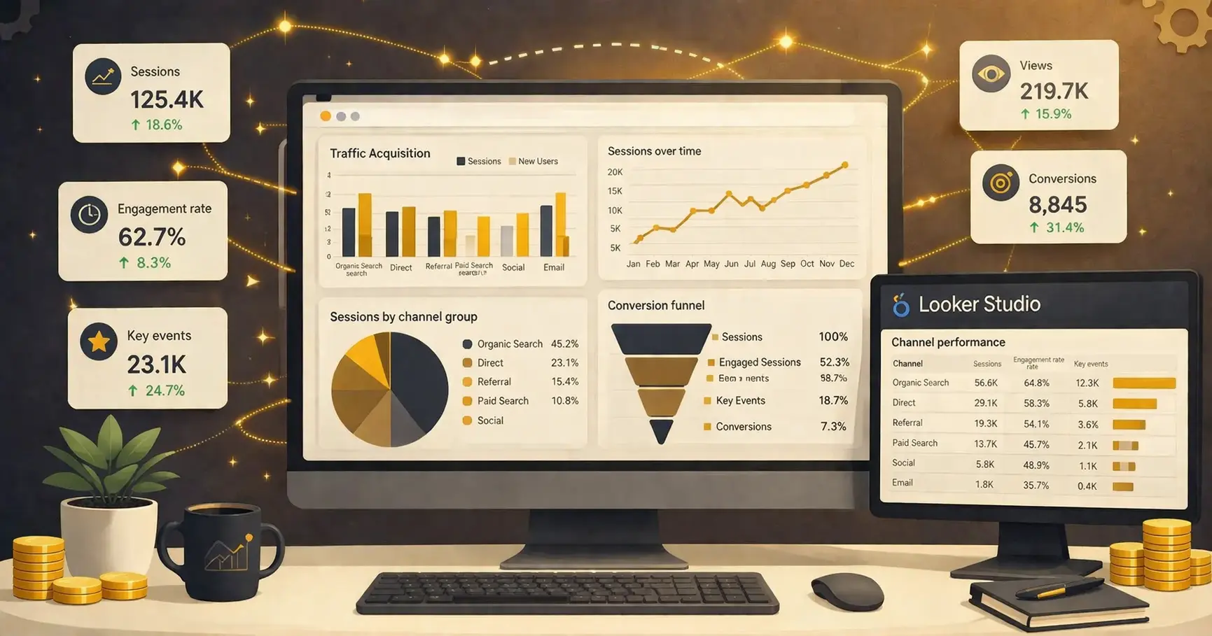 Google Analytics traffic reports dashboard showing B2B channel performance and engagement metrics