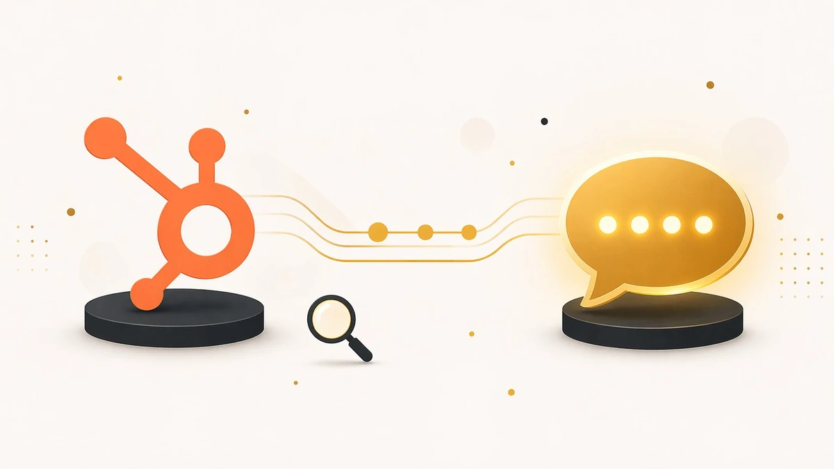 HubSpot platform sprocket connecting to a new AEO answer engine icon via gold integration lines