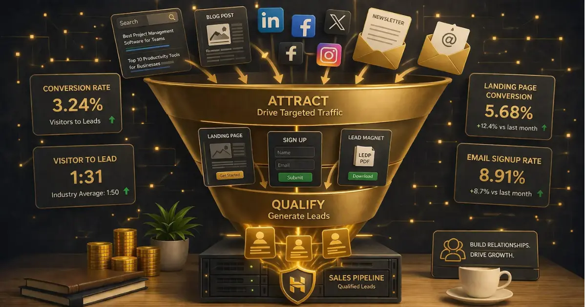 Inbound lead generation funnel showing traffic sources converting through content into qualified sales pipeline leads