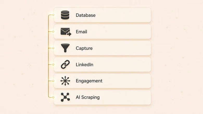 The 6 categories of lead generation tools: B2B database, email outreach, lead capture, LinkedIn automation, sales engagement, and AI scraping