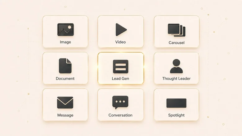 The 9 LinkedIn ad formats for B2B with the Lead Gen Form format highlighted as highest-converting