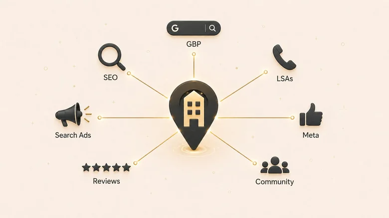 The 7 channels that drive local leads: Google Business Profile, SEO, Local Services Ads, Search Ads, Meta Ads, reviews, and community marketing