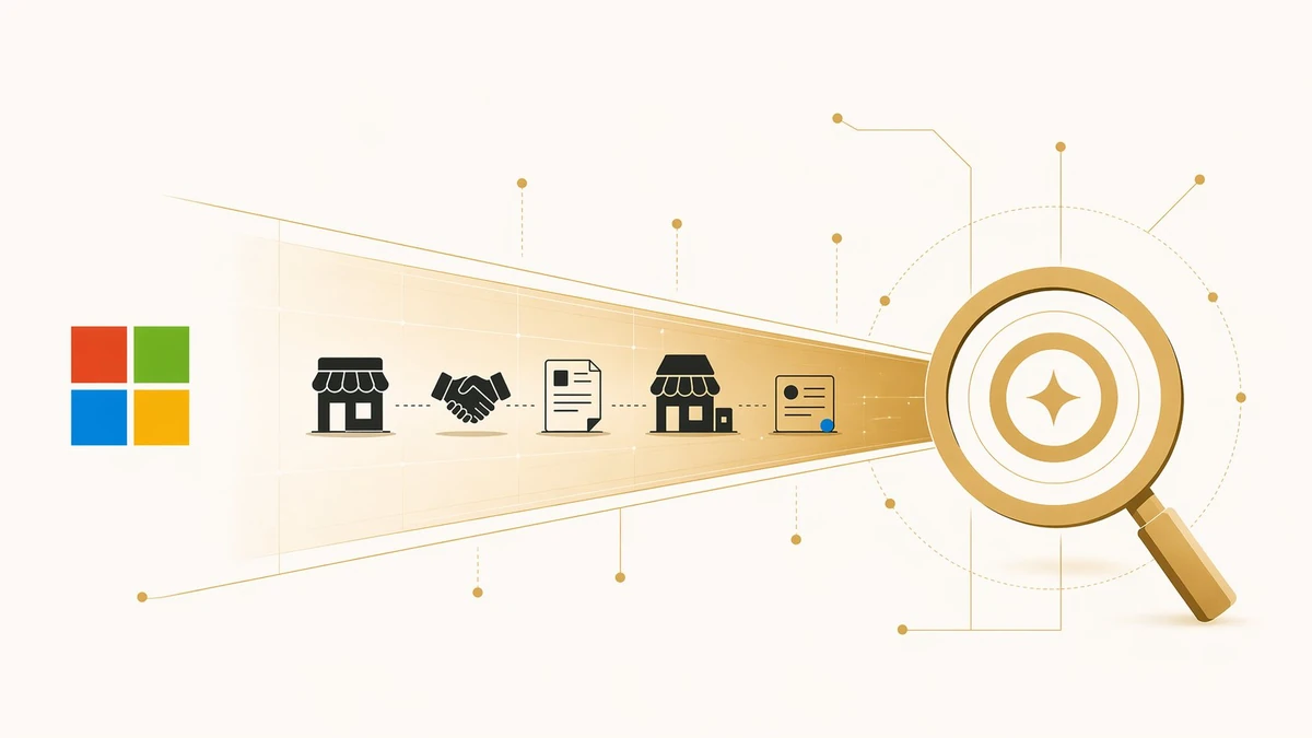 Microsoft logo with B2B advertiser icons flowing through a gold corridor toward an agentic web discovery target