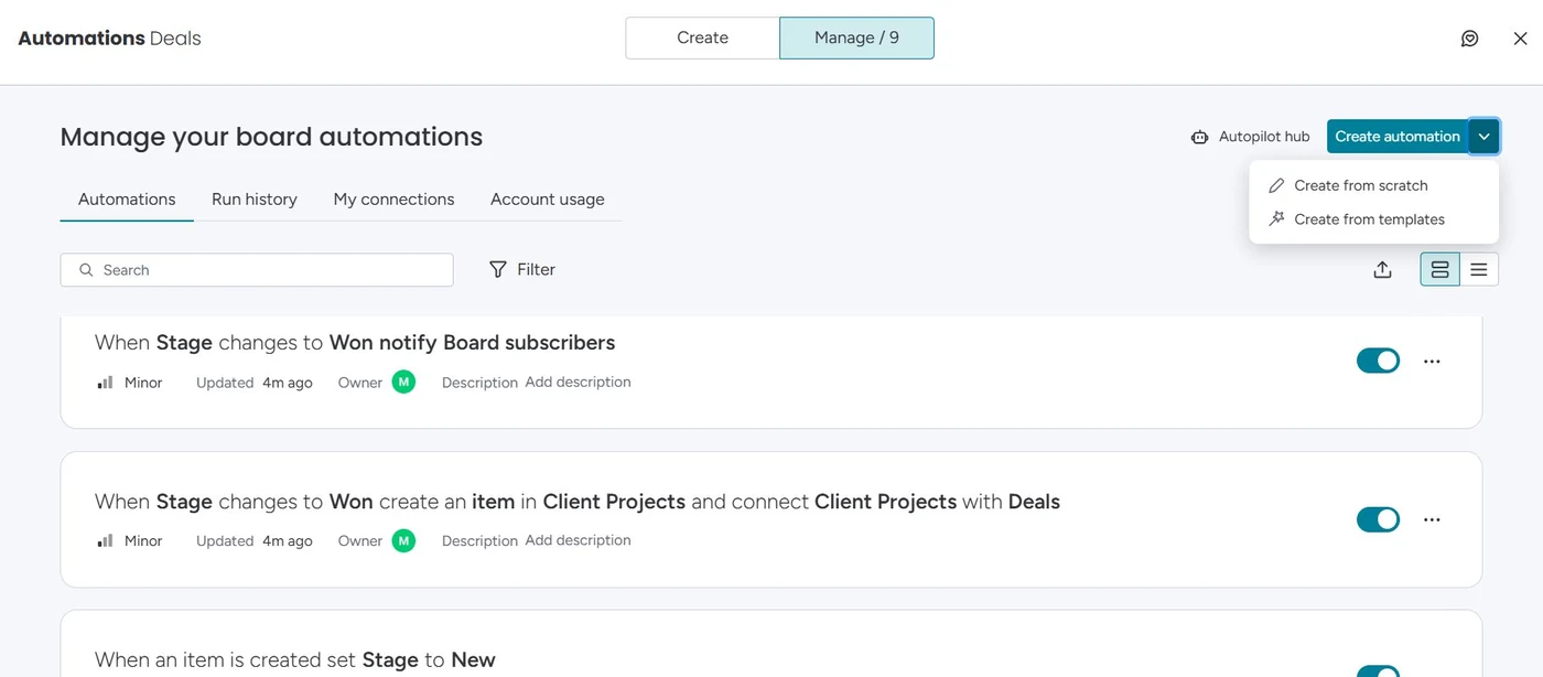 monday Sales CRM Automations panel showing live recipes including a deal-to-project handoff that creates an item in Client Projects and connects it back to the Deals board when a deal stage changes to Won
