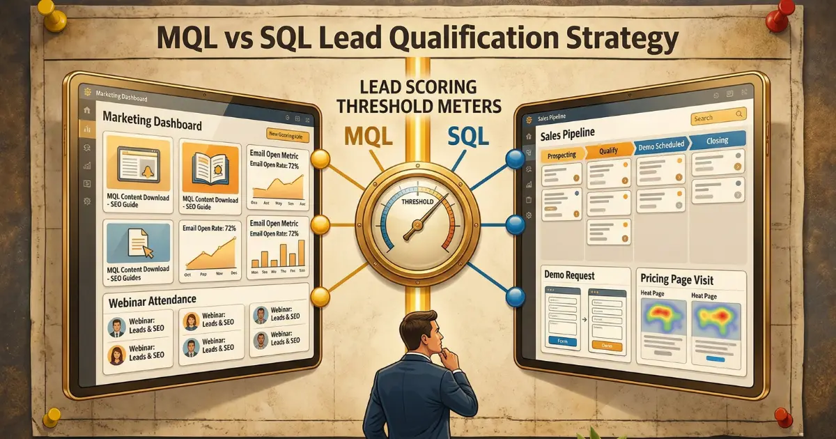 MQL vs SQL lead qualification comparison with marketing and sales dashboards split by scoring threshold