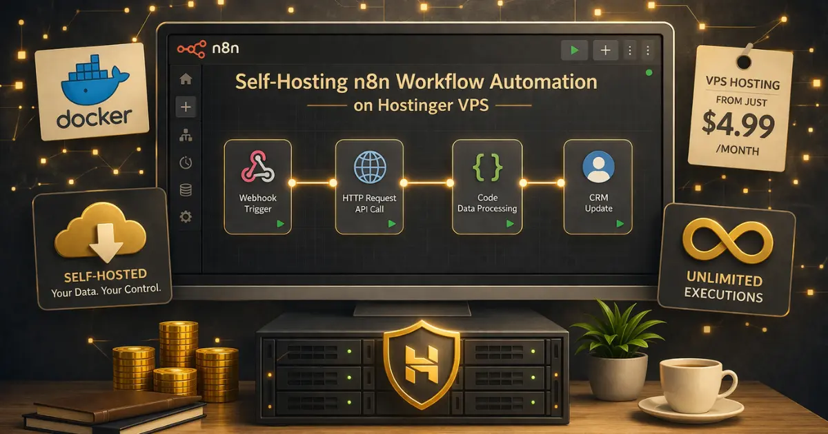 n8n self-hosting setup on Hostinger VPS with workflow automation nodes and Docker server icons