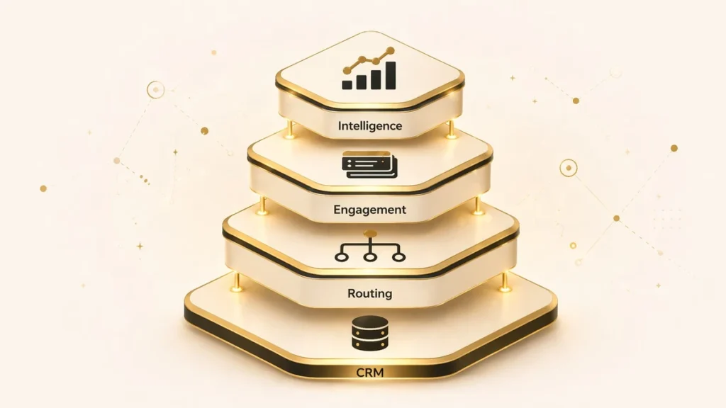 Four categories of RevOps software shown as a layered stack feeding into a unified revenue engine