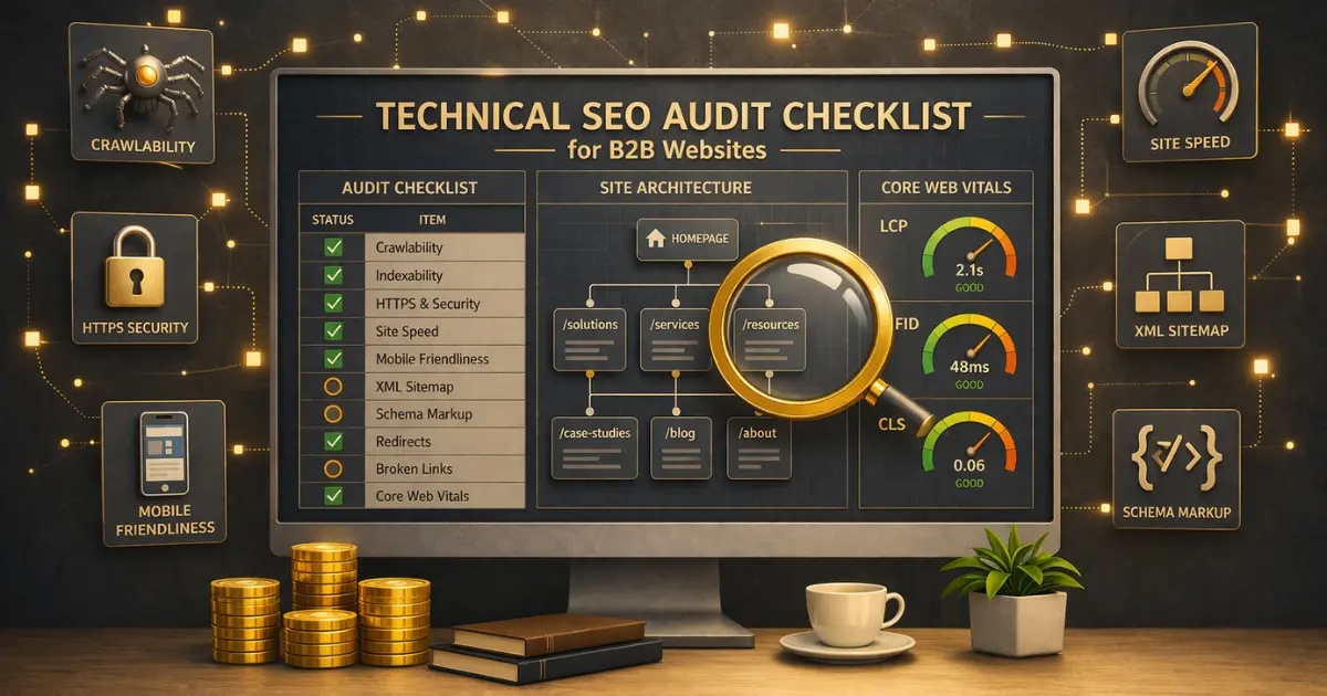 Technical SEO checklist dashboard with site architecture audit crawlability and Core Web Vitals metrics
