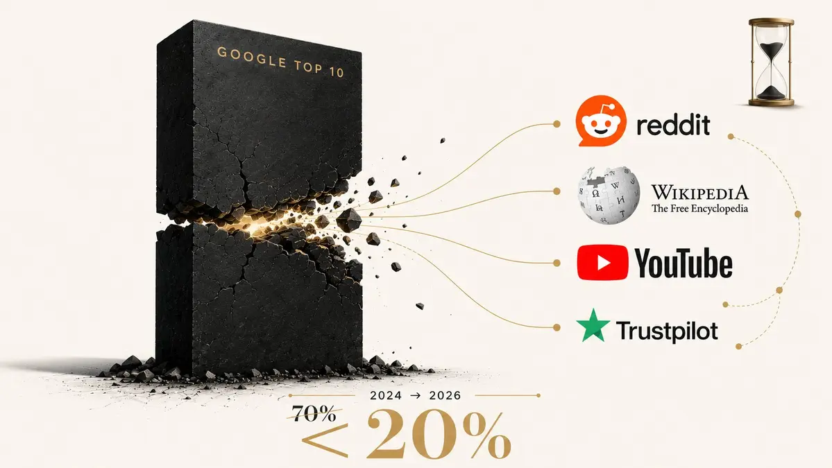 Editorial illustration of a "Google Top 10" column cracking apart while abstract domain icons for Reddit, Wikipedia, YouTube, and review platforms drift into a separate orbit, with the figure "