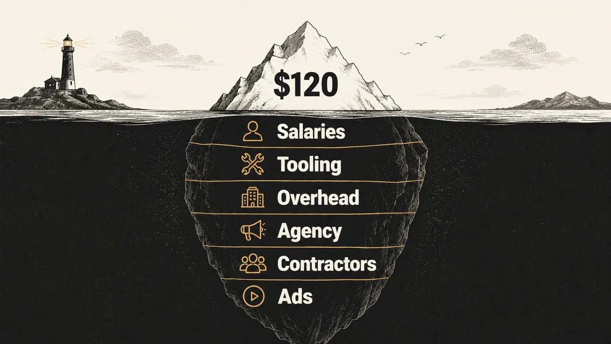 Operator reviewing SaaS Customer Acquisition Cost dashboard with hidden cost categories layered behind the reported figure