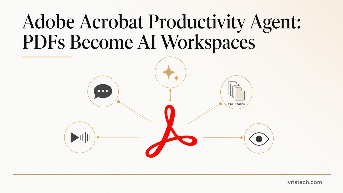 Adobe Acrobat Productivity Agent feature graphic showing the Acrobat logo connected to AI workspace icons for chat, audio, PDF spaces, and viewing.