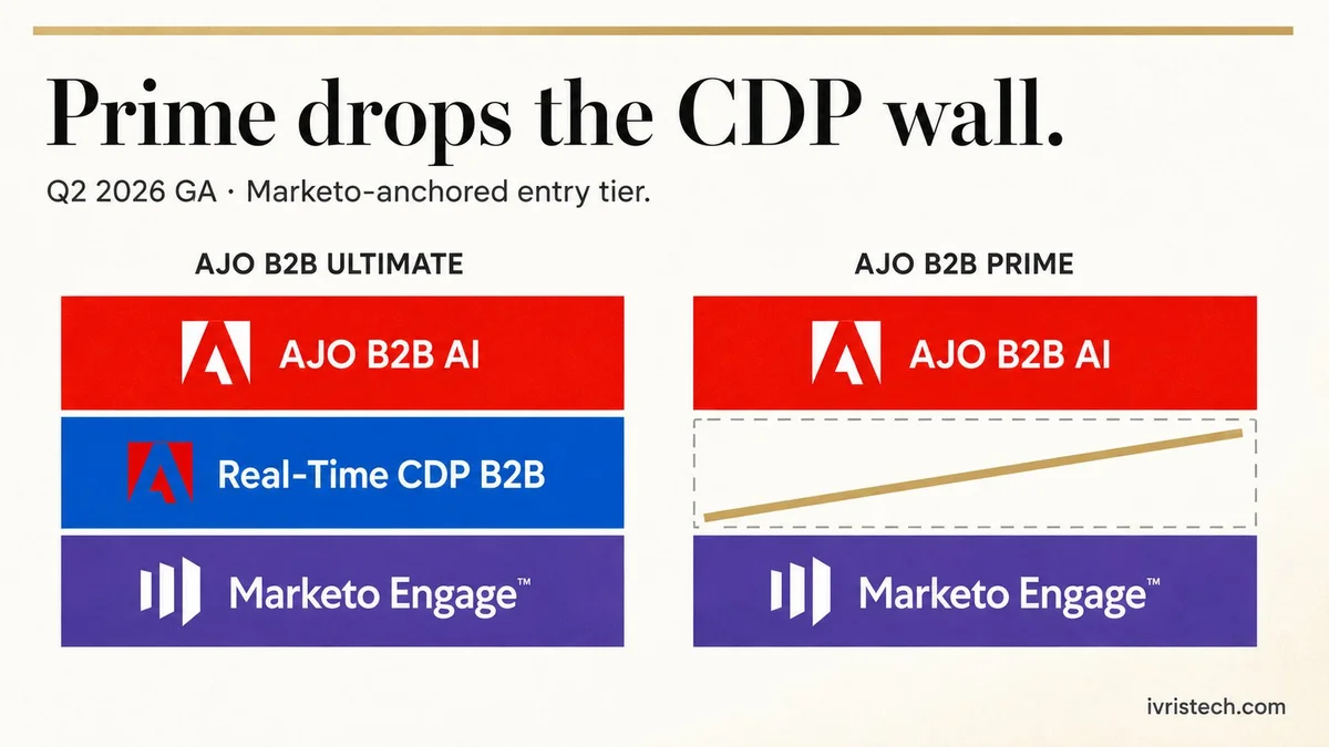 Adobe AJO B2B Edition Prime tier diagram: Marketo Engage anchored to AJO AI, with the Real-Time CDP B2B layer struck through.