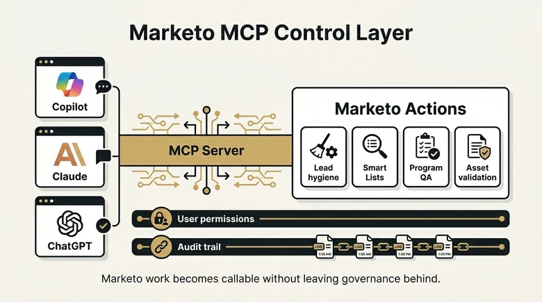 Marketo MCP control layer showing AI assistants calling Marketo tasks through permissions and audit logs