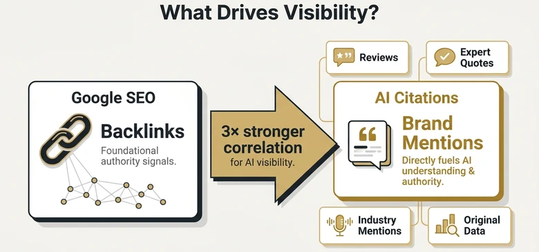 AI search visibility shift showing brand mentions correlating three times more strongly with AI citations than backlinks