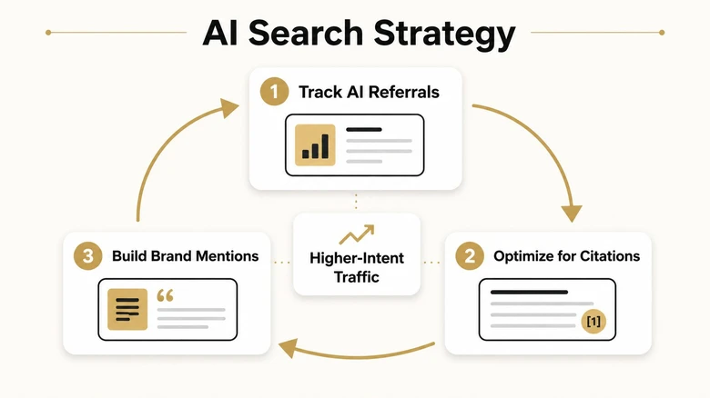 B2B AI search strategy loop showing track AI referrals optimize citations and build brand mentions