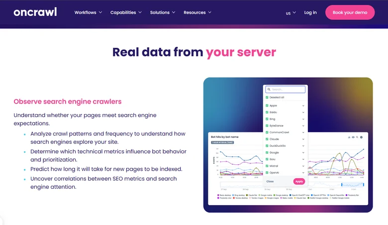 OnCrawl server log analysis page explaining how it observes search engine crawler behavior, with a dashboard preview