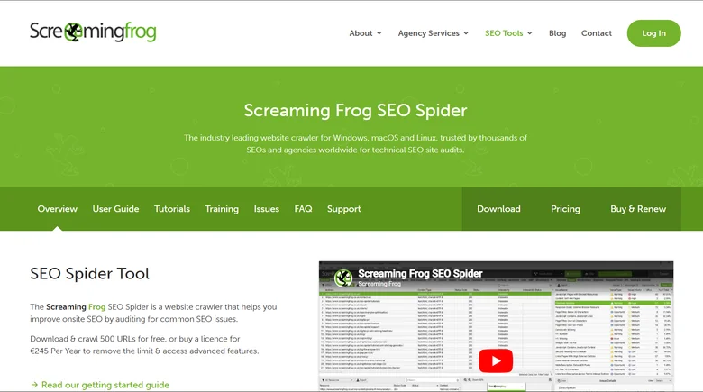 Screaming Frog SEO Spider product page showing the SEO Spider overview with a preview of its desktop crawl interface