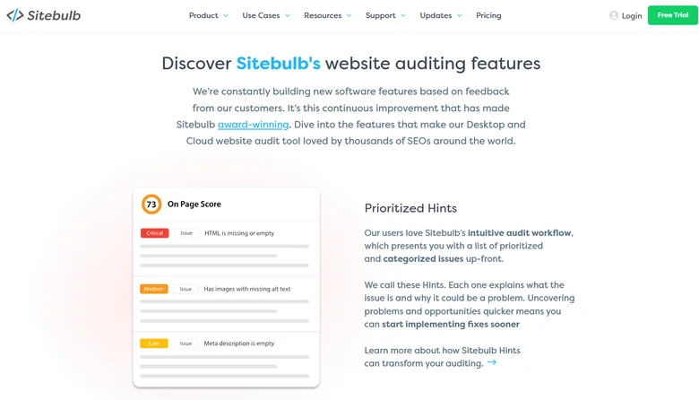 Sitebulb website auditing features page showing an On-Page Score and prioritized Hints ranked by severity