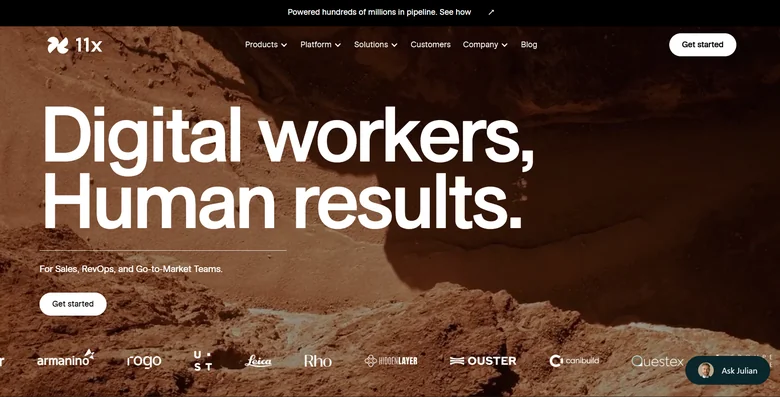 11x.ai homepage showing AI digital workers Alice for outbound prospecting and Jordan for phone outbound in B2B sales motion